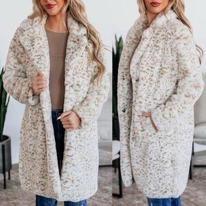 . Cream Leopard Faux Fur Sherpa Button Up Long Sleeve Pocketed Coat
